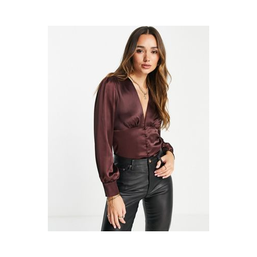 Темно-коричневая атласная блузка на пуговицах Flounce London-Коричневый цвет