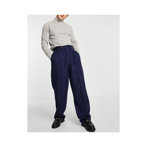 Темно-синие широкие брюки c завышенной талией из саржи с добавлением шерсти ASOS DESIGN Темно-