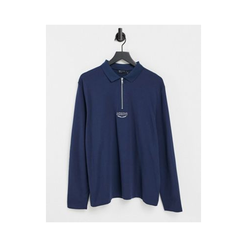 Темно-синяя футболка-поло из органического хлопка с длинными рукавами и вышивкой римских цифр ASOS DESIGN Темно-
