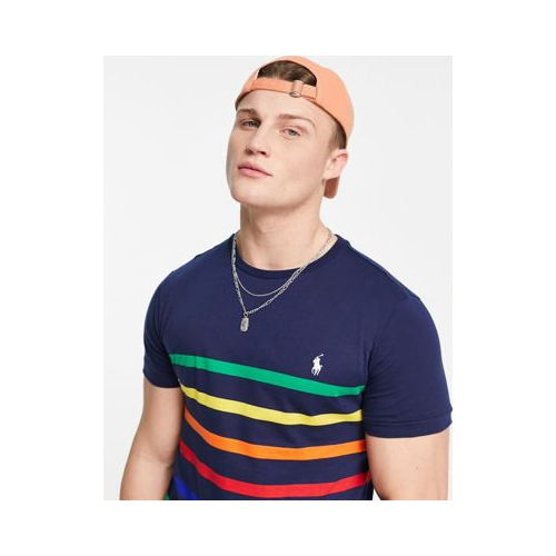 Темно-синяя футболка в разноцветную полоску с маленьким логотипом Polo Ralph Lauren Темно-