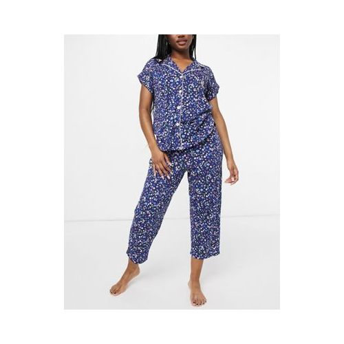 Темно-синяя пижама в цветочек с брюками капри и рубашкой с лацканами Lauren by Ralph Lauren Темно-