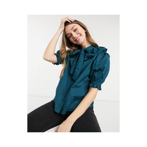 Темно-зеленая блуза из поплина с присборенным воротником New Look