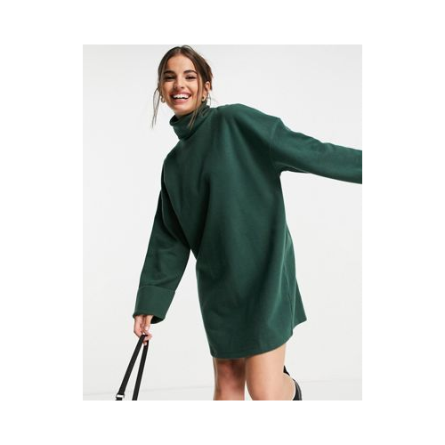 Темно-зеленое платье-джемпер мини из супермягкого материала с высоким воротником и манжетами с отворотами ASOS DESIGN-Зеленый цвет