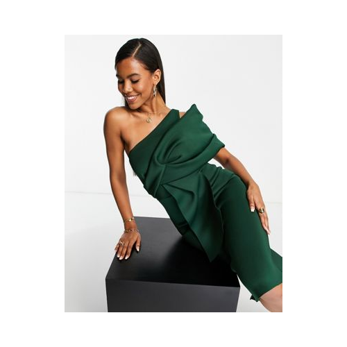 Темно-зеленое платье-футляр миди на одно плечо с драпировкой ASOS DESIGN-Зеленый цвет