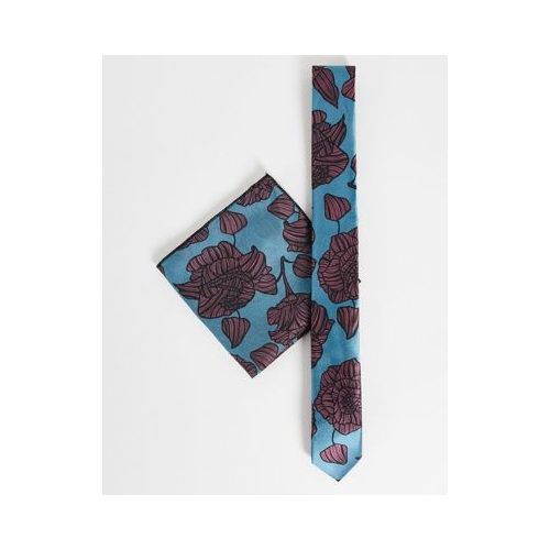 Узкий галстук и платок для нагрудного кармана бирюзового цвета с красным цветочным принтом Bolongaro Trevor Разноцветный