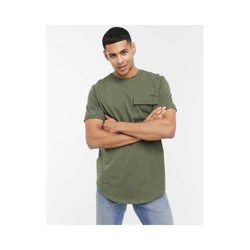 Удлиненная футболка цвета хаки с карманом Only & Sons-Зеленый