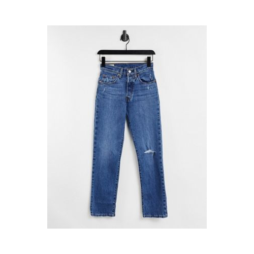 Укороченные прямые джинсы цвета индиго с завышенной талией и рваной отделкой на колене Levi's 501 Голубой