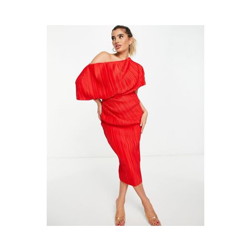 Ярко-красное плиссированное платье миди на одно плечо ASOS DESIGN Разноцветный