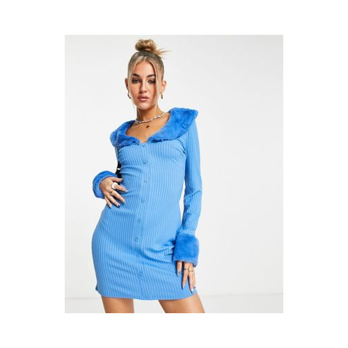 Ярко-синее платье мини в рубчик с отделкой из искусственного меха ASOS DESIGN Разноцветный