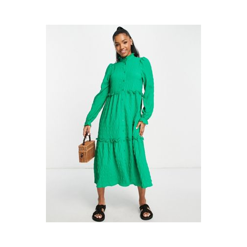 Ярко-зеленое ярусное платье миди из переработанного полиэстера с присборенной юбкой Monki-Зеленый цвет