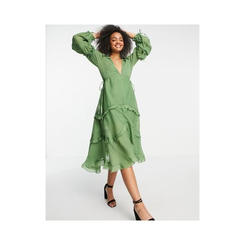 Ярусное платье миди цвета хаки с оборками и кружевной отделкой ASOS DESIGN-Зеленый