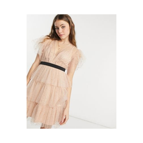 Ярусное платье мини из ткани добби цвета розового золота с расклешенными рукавами и контрастным поясом Forever U-Розовый