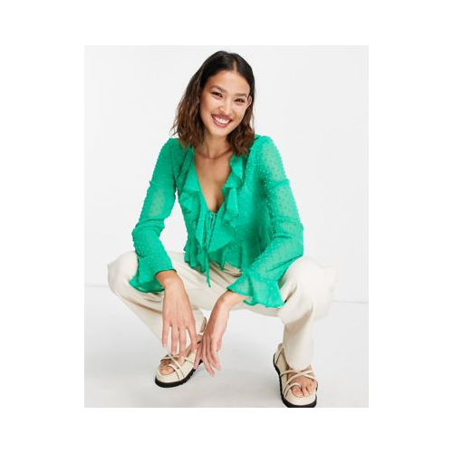 Зеленая полупрозрачная блузка из ткани добби с длинными рукавами и оборками ASOS DESIGN-Зеленый цвет