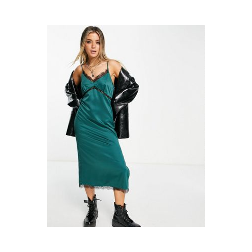 Зеленое атласное платье-комбинация миди с черной кружевной отделкой Topshop-Зеленый цвет