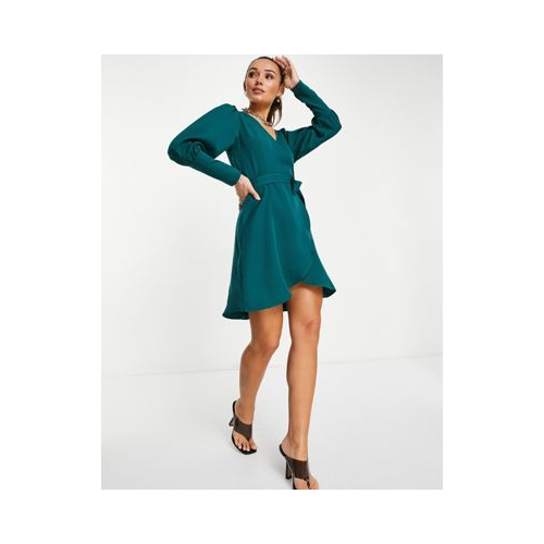 Зеленое атласное платье мини с запахом и завязкой на талии Vila-Зеленый цвет