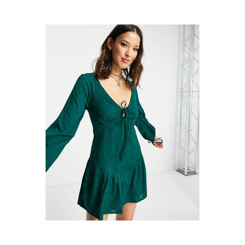 Зеленое фактурное платье миди из смесовых переработанных материалов с цветочным узором и завязками Topshop-Зеленый
