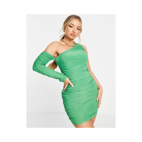 Зеленое облегающее платье миди на одно плечо со сборками Public Desire-Зеленый цвет