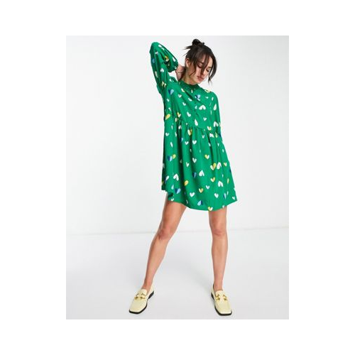 Зеленое свободное платье мини на пуговицах с принтом сердечек Vero Moda-Зеленый цвет