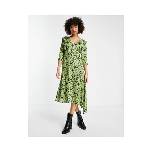 Зеленое платье миди с оборками и цветочным принтом Topshop-Зеленый