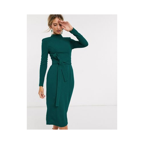Зеленое платье миди с длинными рукавами и поясом оби ASOS DESIGN-Зеленый цвет