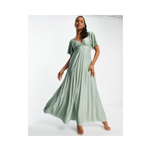 Зеленое плиссированное платье макси с короткими рукавами и перекрученным дизайном на спине ASOS DESIGN-Зеленый цвет