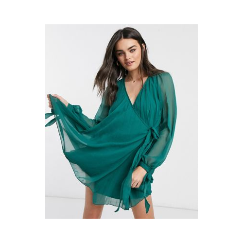 Зеленое плиссированное платье мини с длинными рукавами ASOS DESIGN