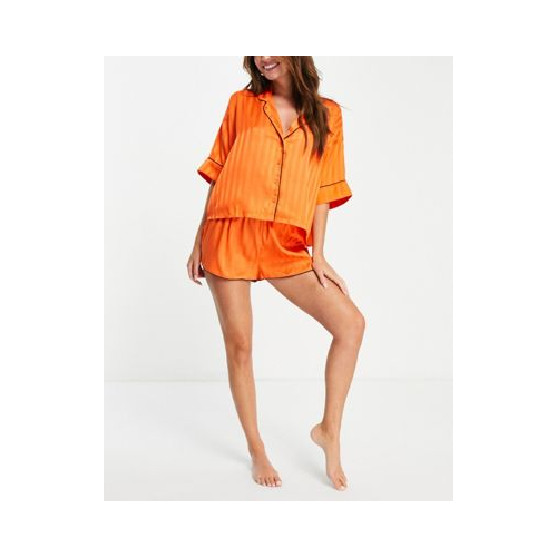 Жаккардовый атласный пижамный комплект из рубашки с короткими рукавами и шорт оранжевого цвета в полоску ASOS DESIGN-Оранжевый