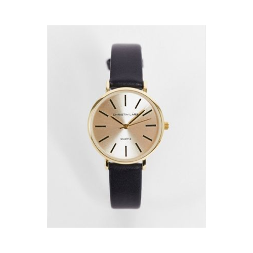 Женские золотистые часы с узким черным кожаным ремешком Christian Lars