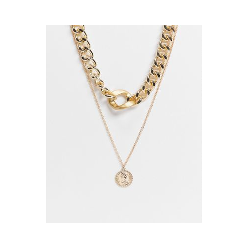 Золотистое многоярусное ожерелье-чокер с массивной цепочкой и круглой подвеской EGO