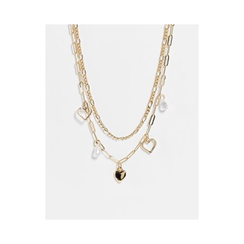 Золотистое многоярусное ожерелье-чокер с подвесками в виде сердечек и жемчужин Topshop