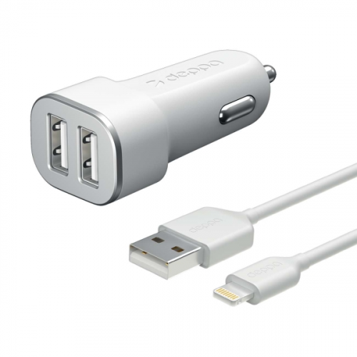 Автомобильное зарядное устройство для Apple Deppa 2 USB 2.4А + кабель Lightning MFI белый (11291)