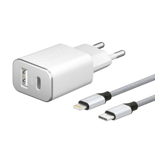 Сетевое зарядное устройство Deppa USB-C+USB-A, PD 3.0,каб.USB-C-Lightning MFI белый