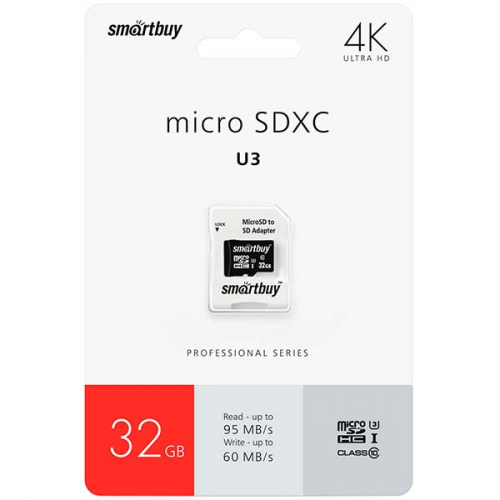 Карта памяти MicroSD Smartbuy 32GB Class10 PRO U3 SD-адапт.(SB32GBSDCL10U3L-01)