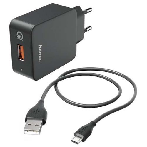 Сетевое зарядное устройство с кабелем Hama QC 3A microUSB Black (00178336)