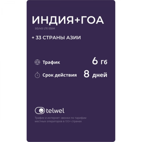 Туристический eSIM Telwel пакет Индия 6Гб 8 дней