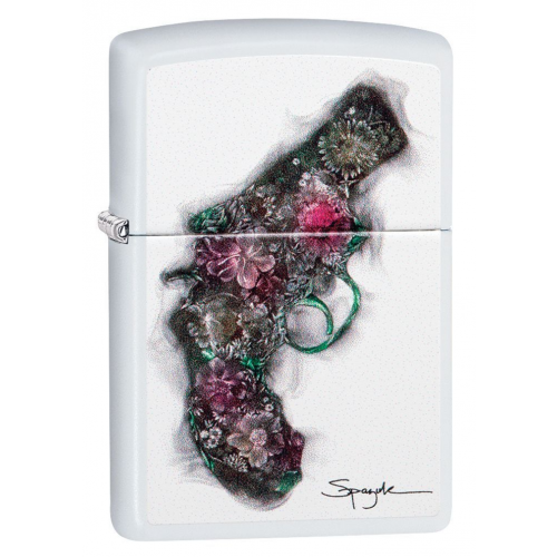 Зажигалка ZIPPO Spazuk Gun of Flowers с покрытием White Matte, латунь/сталь, белая, матовая, 36x12x56 мм