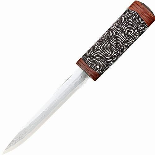Нож с фиксированным клинком танто Maruyoshi Hand Crafted, сталь Shirogami, рукоять дуб обмотанный серой тканью