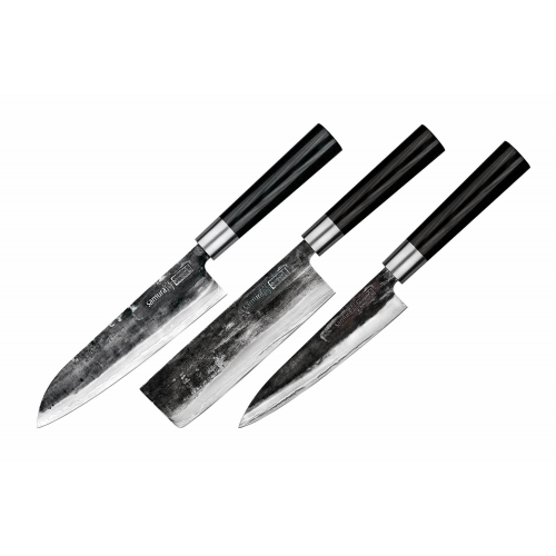 Подарочный набор из 3-х кухонных ножей Samura Super 5, сталь VG-10 в обкладках из дамасской стали, рукоять микарта
