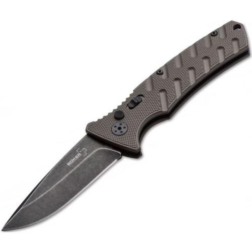 Автоматический складной нож Boker Plus Strike Coyote Spearpoint, сталь AUS-8 BlackWash™ Plain, рукоять анодированный алюминий, BK01BO424