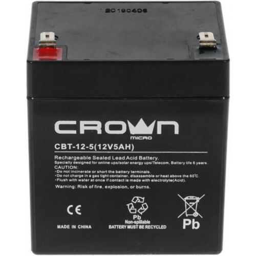Аккумулятор Crown СВТ-12-5 CM000001652 свинцово-кислотный, 12В, 5 А/Ч, ABS-пластик, F2 (Т2), срок сл