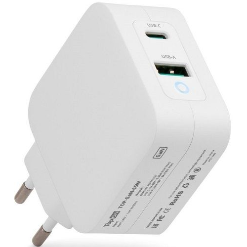 Зарядное устройство сетевое TopOn TOP-GaN-65W GaN 65W Type-C PD, PPS, USB QC белый