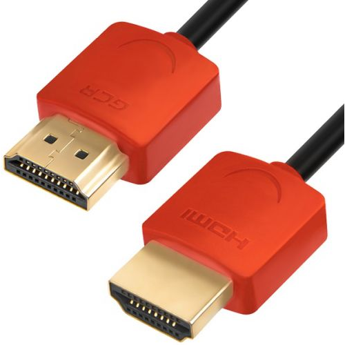Кабель интерфейсный HDMI-HDMI GCR GCR-51602 0.3m HDMI 2.0, красные коннекторы Slim, OD3.8mm, HDR 4:2