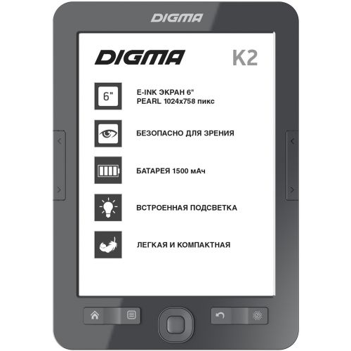 Электронная книга Digma K2G 6" E-ink HD Pearl 758x1024 600MHz/4GB/microSDHC/подсветка дисплея темно-