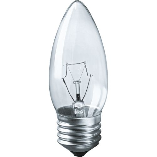 Лампа накаливания Navigator NI-B-60-230-E27-CL (уп/10шт), 60Вт, 230В, E27, 35х95мм, свеча, прозрачна