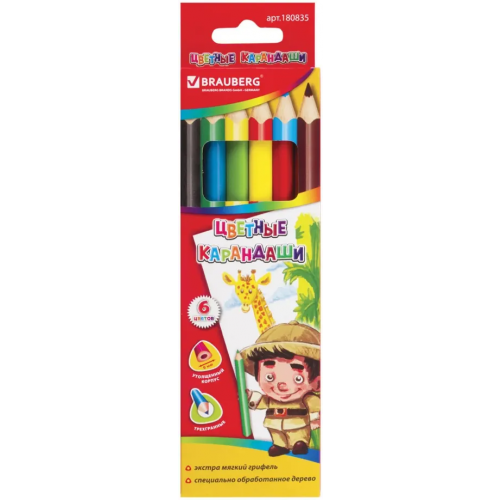 Brauberg Карандаши цветные, утолщенные, 6 цветов