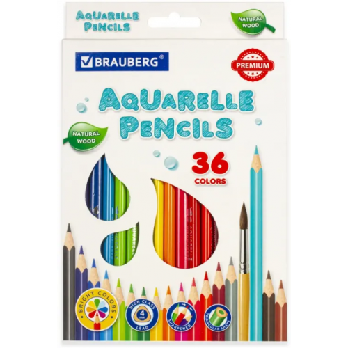 Brauberg Карандаши цветные акварельные "Premium Aquarelle", 36 цветов, грифель мягкий 4 мм