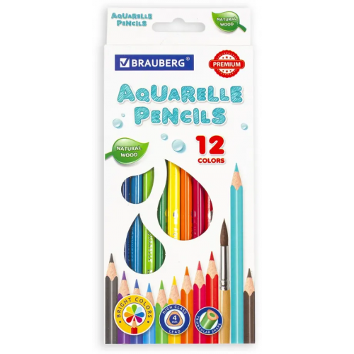 Brauberg Карандаши цветные акварельные "Premium Aquarelle", 12 цветов, грифель мягкий 4 мм