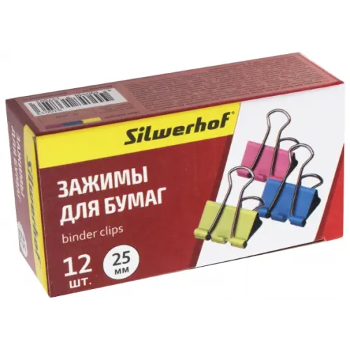 Набор зажимов для бумаг "Silwerhof", 25 мм, цветные, 12 штук