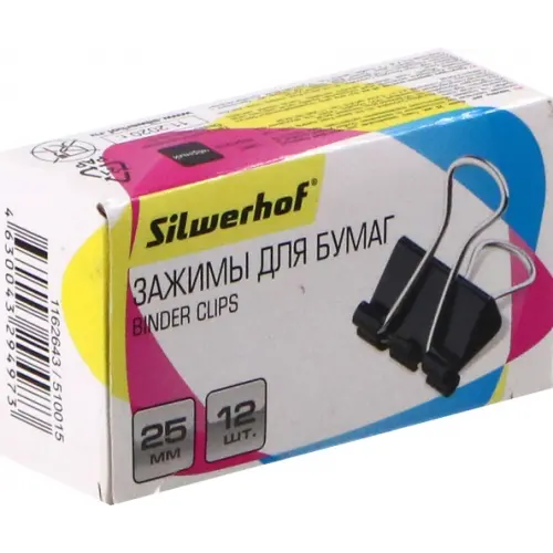 Набор зажимов для бумаг "Silwerhof", цвет: черный, 25 мм, 12 штук