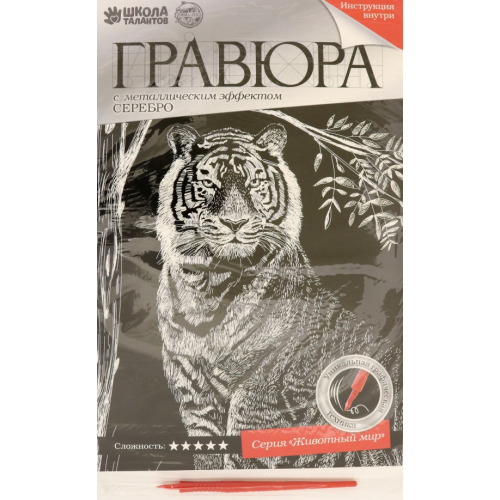 Школа талантов Гравюра с металлическим серебряным эффектом. Тигр на охоте